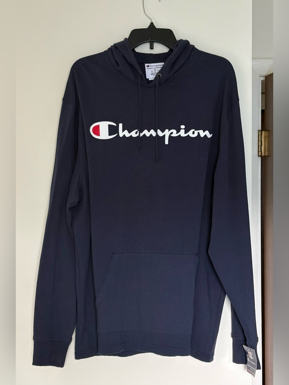 NWT Champion Men's Lightweight Jersey Pullover Hoodie Navy Blue Script Logo XL